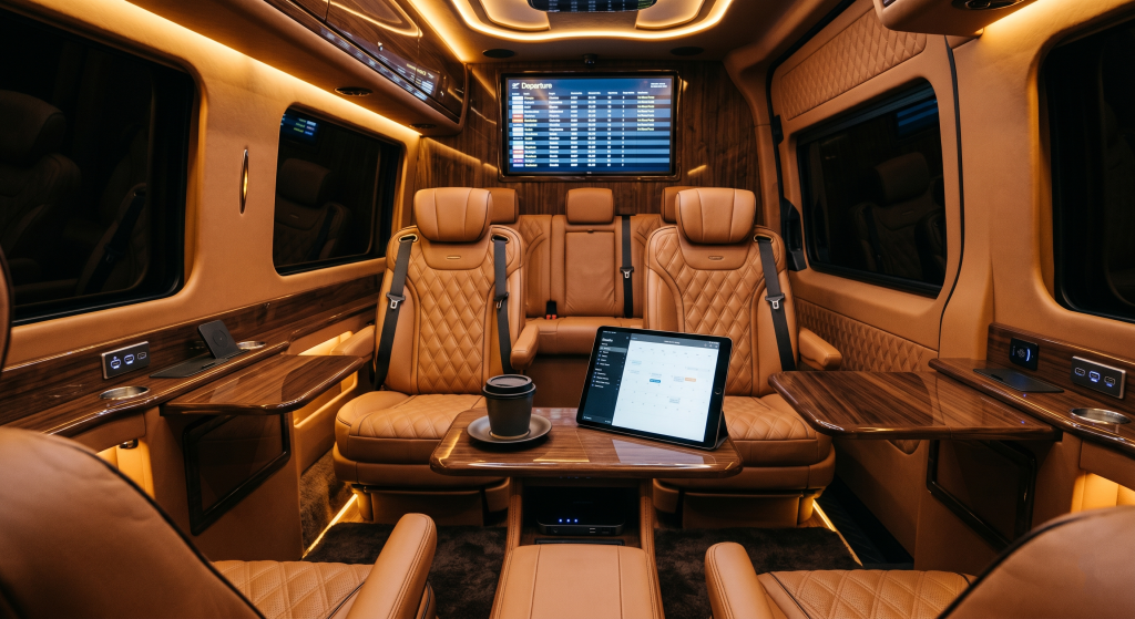 Luxury Sprinter van interior with leather seats and Wi-Fi for Hilton Head Island travel