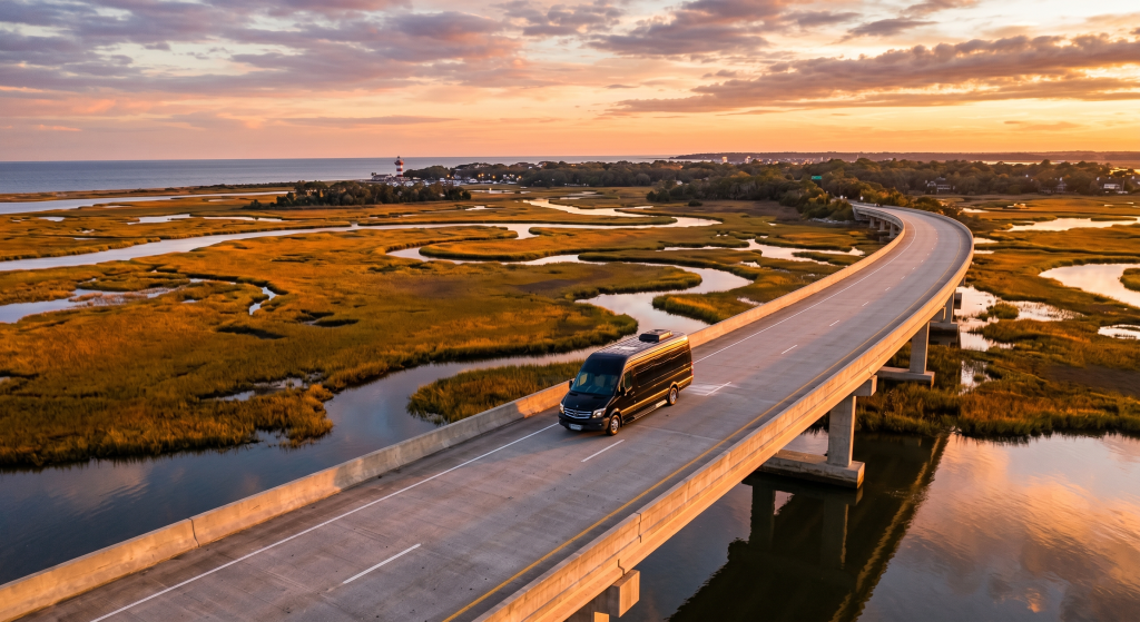 Luxury vehicle crossing Lowcountry bridge en route to Hilton Head Island SC
