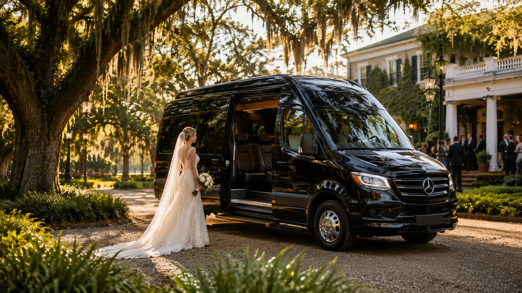 Bridal party in luxury wedding transportation vehicle Hilton Head Island SC interior