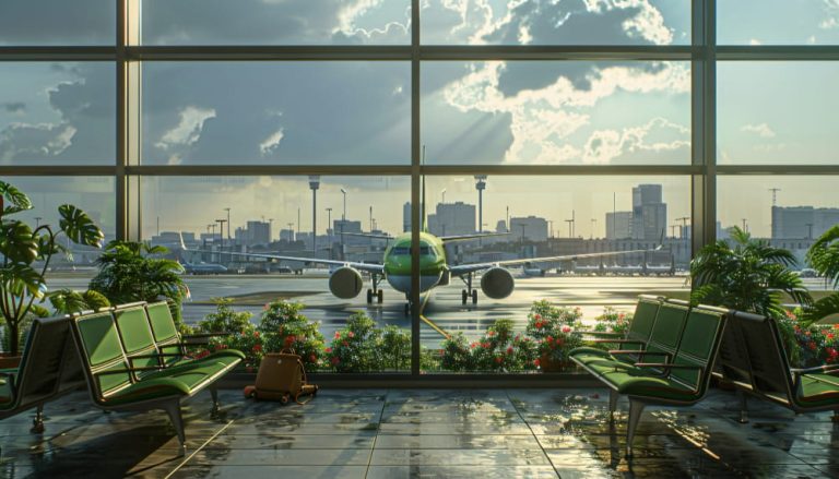 View of an airplane on a sunny airport tarmac seen through large terminal windows from a serene waiting lounge with green seating, indoor plants, and a single backpack